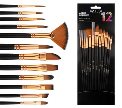 Produktbild von VATESI Pinselset Acrylfarben | 12-teiliges Aquarell Pinsel Set | Hochwertiges Malzubehör | Vielseitige Künstlerpinsel mit Holzgriff und Nylonborsten