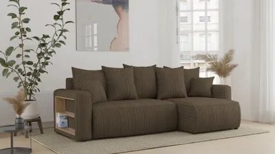 Zdjęcie produktu dla Sofa narożna z funkcją spania i podstawą łóżka SOLERO - sofa w kształcie litery L, sofa narożna, sofa rozkładana ze schowkiem, sofa z funkcją spania jasnobrązowa otomana prawa