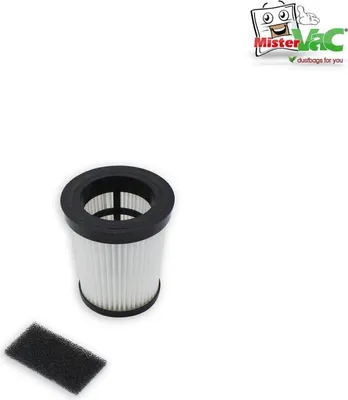 A vacuum cleaner filter and a small piece of foam filter are shown on a white background.