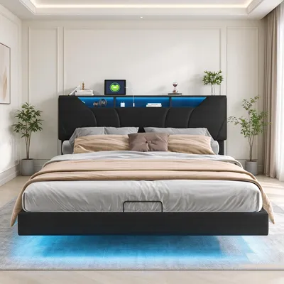 Produktbild von INONEFT Polsterbett 140x200cm mit Ladestation, Jugendbett Doppelbett mit LED und Stauraumkopfteil, Schwebebett Funktionsbett, PU, Schwarz