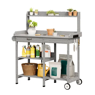 Produktbild von Pflanztisch BEALIFE 112x43x120 cm mit Schublade & Rollen | Edelstahl-Arbeitsplatte, offene Ablagefächer | Für Garten, Balkon & Terrasse | Grau | CC53