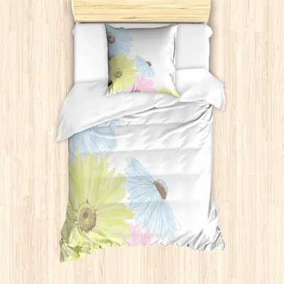Produktbild von ABAKUHAUS Pastell Mantele, Bunte Gerbera-Gänseblümchen, Milbensicher Allergiker geeignet mit Kissenbezügen, 135 cm x 200 cm - 80 x 80 cm, Hellgrün Blassblau