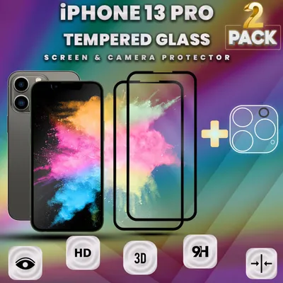 Produktbild von 2-Pack iPhone 13 Pro Displayschutzfolie & 1-Pack Kameraschutz - Gehärtetes Glas 9H - Super Qualität 3D