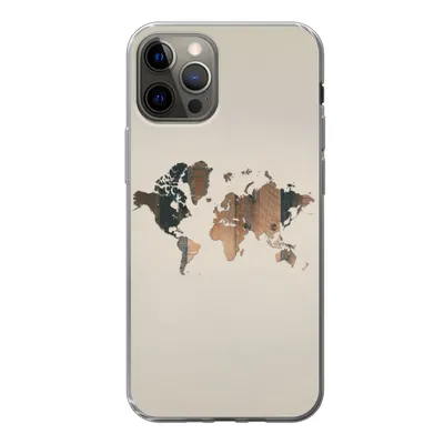 Produktbild von MuchoWow® Handyhülle Schutzhülle Hülle für iPhone 12 Pro Weltkarte -Holz - Regal Silikon Softcase Handy Hülle - Abdeckung