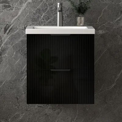 Produktbild von Unterschrank mit Waschbecken Waschbeckenunterschrank Badmöbel Waschtisch Badezimmerschrank, hochglanz Schwarz Holz, Sanfter Schluss, 50x37x52cm