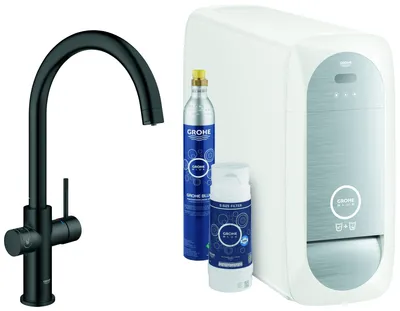 Immagine prodotto di Grohe Blue Home Mitigeur monocommandé pour évier Starter Kit, portée 224mm, bec en C, avec fonction filtre et refroidissement, 31455KS1, 31455KS1