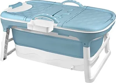Obrázok produktu pre JOIEYOU Skladacia vaňa pre dospelých 118x60x53cm Skladacia vaňa s krytom a košom Mobilná skladacia vaňa voľne stojaca pre kúpeľňu, sprchu a balkón, modrá