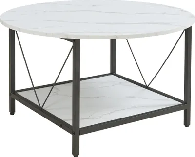 Image de Table basse 'Filem' avec plateau Ø80 x 46 cm Table de salon plateau rond piètement métal aspect marbre, blanc