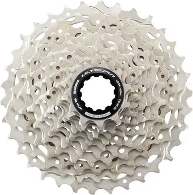 A close-up, studio shot of a bicycle cassette.