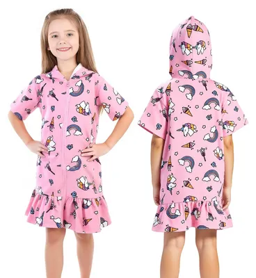 Immagine prodotto di Omgoods - Poncho con cappuccio e asciugamano per bambini - 100% cotone - Rosa, con motivo unicorno