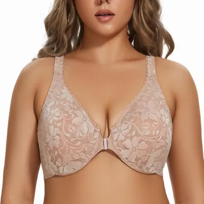 Produktbild von BHs in großen Größen mit Spitzenverzierungen, Racerback-Rücken und Blumenmuster, mit Hakenverschluss