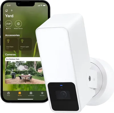 Produktbild von Eve Outdoor Cam weiß Überwachungskamera smart Flutlicht Bewegungsmelder