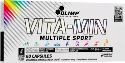 Zdjęcie produktu dla Olimp Nutrition Vita-Min Multiple Sport, Kapsułka, Witamina A, Tiamina, Witamina B12, Witamina B2, Witamina B6, Witamina C, Witamina D, Witamina E, Dorosły, 290 mg, 100 mg, 190 mg
