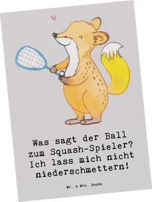 Produktbild von Mr. & Mrs. Panda Postkarte Squash Humor - Grau Pastell - Geschenk, bildkarte, niederschmettern, Ballspiel, Sport, einzelkarte, Grußkarte, Postkarten, Sportart, Energie