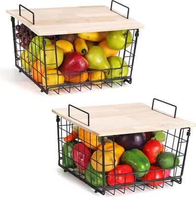 Produktbild von 2-teiliger Obst- und Gemüsekorb mit Holzplatte, stapelbarer Lebensmittelaufbewahrungskorb für die Küchenarbeitsplatte