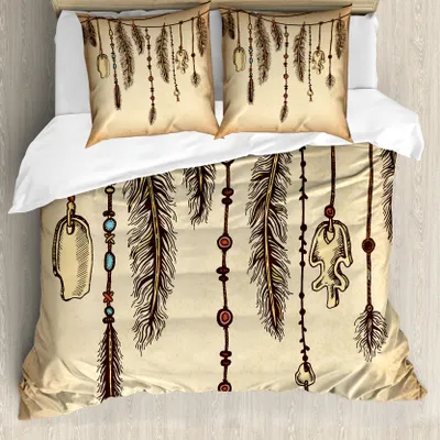 Produktbild von ABAKUHAUS Stammes Bettbezug, Bohemian Federn, Milbensicher Allergiker geeignet mit Kissenbezügen, 200 cm x 200 cm - 80 x 80 cm, Braun