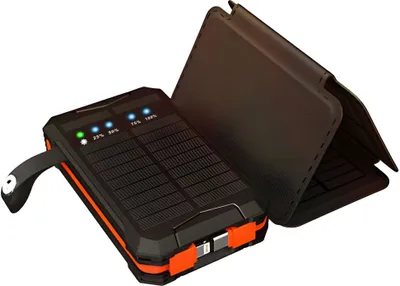 Produktbild von Linomag® Solar Power Bank, 8000 mAh, 4 Panele, 1x Lightning-Kabel & 1x USB Type-C-Kabel inklusive, Wasserdicht, Schwarz/Orange, 11,4 x 6,8cm