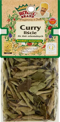A package of dried curry leaves with branding and product information.