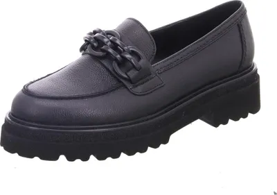 A black loafer shoe with a chain detail on a white background.