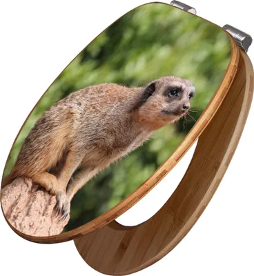 Produktbild von banjado Design WC Sitz Bambus Absenkautomatik - Sitzendes Erdmännchen - Toilettendeckel mit Absenkautomatik Holz/hochwertiger Bambus Klodeckel/WC-Sitz für alle gängigen Toiletten [TDB2 10284]