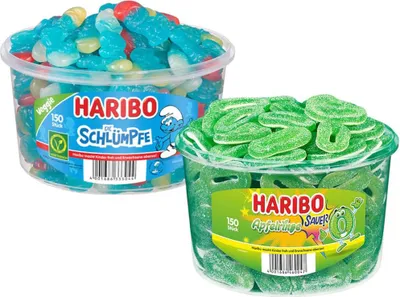 Produktbild von Set Haribo Die Schlümpfe 150 St. + Haribo Saure Apfelringe 150 St. Dosen