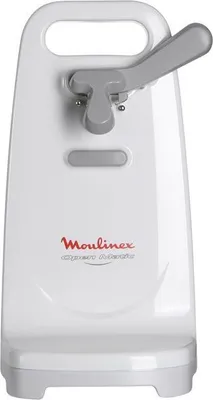 A white electric can opener with a gray lever and handle.