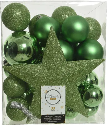 Produktbild von Weihnachtskugeln Kunststoff mit Christbaumstern 33er Set - Mistelgrün