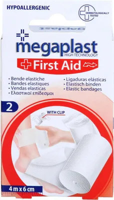 Productafbeelding van Elastische verbanddoek, 4 meter x 6 cm, met clip, megaplast, 2 stuks
