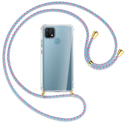 Produktbild von Handykette Backcover-Schutzhülle mit Band (Metall goldfarben) für Oppo A15 - pink/mint