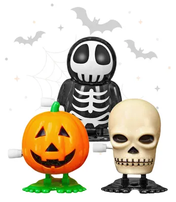 Produktbild von Halloween Aufziehfiguren 3er Set – Skelett, Kürbis und Totenkopf, 5 cm