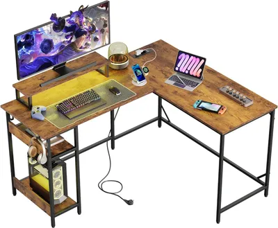 Produktbild von 2-in-1 Gaming-Eckschreibtisch, wandelbar zur L-Form 140×118 cm oder geraden I-Form 208×50 cm, mit RGB-Beleuchtung, Monitorhalter und Ablage