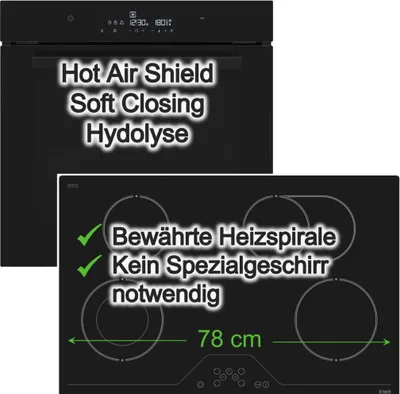 Produktbild von Einbaubackofen Schwarz Hydrolyse SoftClose mit Glaskeramikkochfeld 78 cm Zweikreis Bräterzone