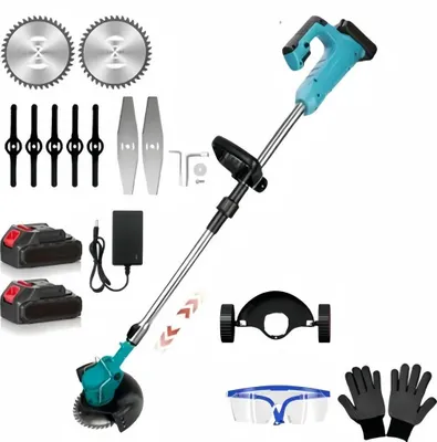 Produktbild von Akku-Rasentrimmer 21V mit 2 Akku und Ladegerät,3-in-1 Leicht Unkrautfresser,3 Arten Klinge,Teleskop-Stiel&Zusatzhandgriff mit Rädern für Garten (Blau)