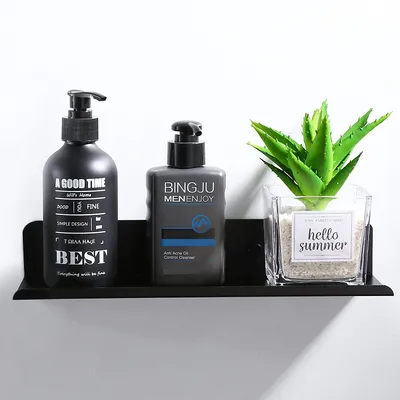 A black shelf holding two pump bottles and a small potted plant.