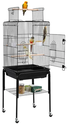 Zdjęcie produktu dla Klatka dla ptaków Yaheetech na stojaku, o wymiarach 46,5 x 46,5 x 136 cm, z zabawkami