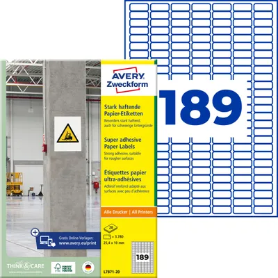 Produktbild von Avery Zweckform L7871-20, Stark haftende Papier-Etiketten, A4, 25,4 x 10 mm, 3.780 Etiketten / 20 Bögen, weiß