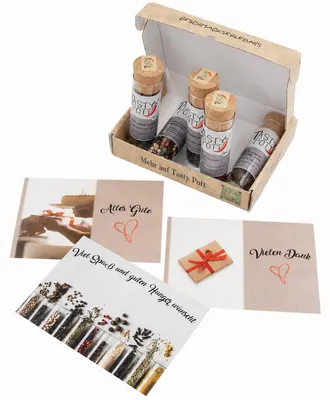 Produktbild von Tasty Pott Dank Box "Alles Gute" - Jeweils 5 Gewürze wählbar + Karte - Pfeffer Set