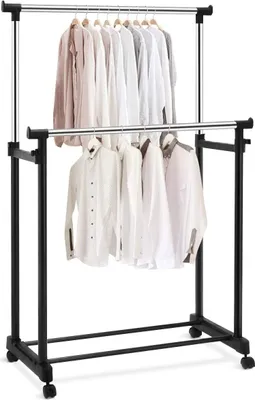 Produktbild von Kleiderständer auf Rollen, Kleiderstange Höhenverstellbar, Mobiler Garderobenständer, Rollgarderobe mit Ablage, Garderobenwagen mit Schuhablage, Doppelruten Belastbar(86 x 43 x 94-168 cm)