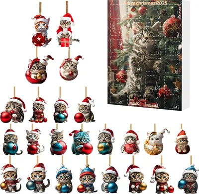 Produktbild von Weihnachts-Katzen-Adventskalender, Acryl, 2D-Cartoon-Katze, hängende Dekoration, 24 Tage 2025, Weihnachts-Countdown-Kalender, Geschenk für Katzenliebhaber, Feiertagsdekoration