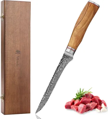 Produktbild von Wakoli Damast Ausbeinmesser I 16cm Klinge I Olivenholzgriff und Hammerschlag
