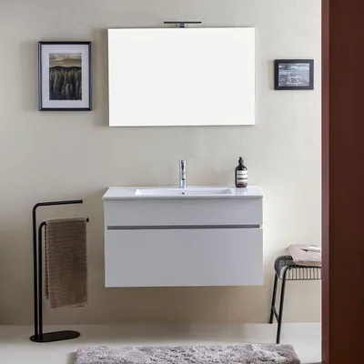 Immagine prodotto di Mobile bagno sospeso 90cm bianco legno lavabo e specchio | Sole