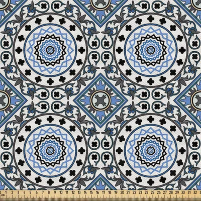 Image de ABAKUHAUS Tissu oriental vendu au mètre, motif arabesque rétro, mosaïque céramique, imprimé culturel traditionnel, 3 m (148 x 300 cm), blanc, bleu, gris