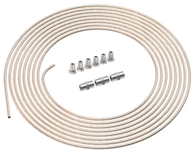 Productafbeelding van AUPROTEC remleiding, 2 meter, Ø 4,75 mm, koper-nikkel, met ABE-certificaat, in set + 6 fittingen + 3 koppelingen M10 x 1, conform DIN 74 234. Koper-nikkel remleidingen verkrijgbaar voor het maken van krimpkrommen