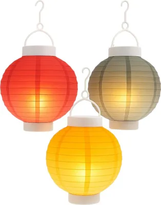Image de Lot de 3 lanternes solaires LED d'extérieur à suspendre avec effet de flamme Ø 20 × 23 cm (jaune, rouge, gris)