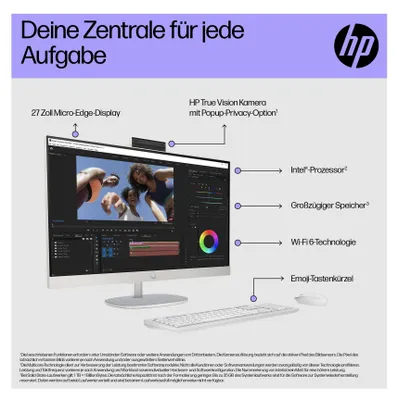 Produktbild von HP 27-cr0009ng - All-in-One (Komplettlösung) - Core i5 1335U / 1.3 GHz - RAM 16 GB - SSD 512 GB - NVMe - Intel Iris Xe Grafik - 1GbE, Wi-Fi 6, Bluetooth 5.3 - WLAN: 802.11a/b/g/n/ac/ax, Bluetooth 5.3 - Win 11 Home - Monitor: LED 68.6 cm (27")