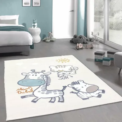 Immagine prodotto di Tappeto per la stanza dei giochi in crema con animali dello zoo super morbidi Dimensioni - 120 x 170 cm