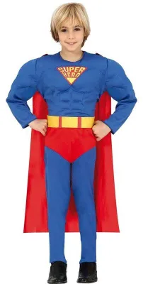 Produktbild von Superheld Abenteuerfigur Fantasieheld Karnevalskostüm Kinder Comic Held Zeichentrick Mächtige Comic Abenteurer Kraftfigur Heldentat Kinderfest Blau Rot Gelb, Größe: 110/116 Farbe: Blau