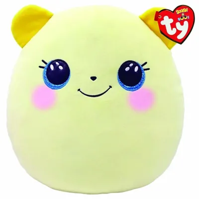 A close-up studio shot of a yellow plush toy.