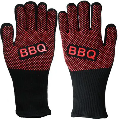 A pair of red and black BBQ gloves with the word "BBQ" embroidered on them.
