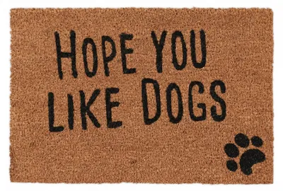 Produktbild von Relaxdays Fußmatte mit Spruch, Hope you like Dogs, Hundemotiv, Kokosfasern, Außen und Innen, Fußabtreter 40x60 cm, natur